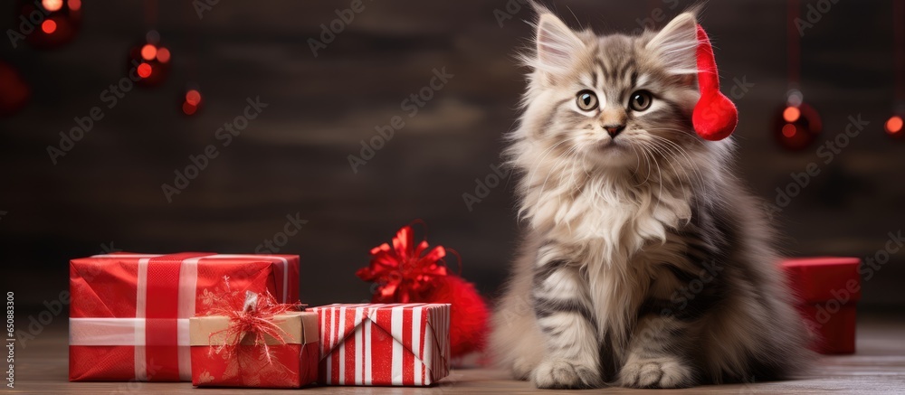 Maine coon kitten frolics by festive backdrop