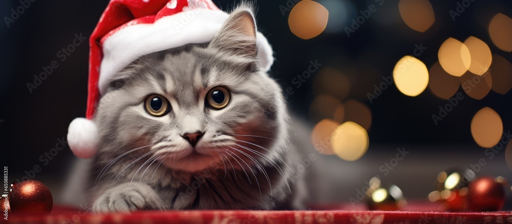 Gray domestic cat wearing a red sweater in front of a Christmas tree