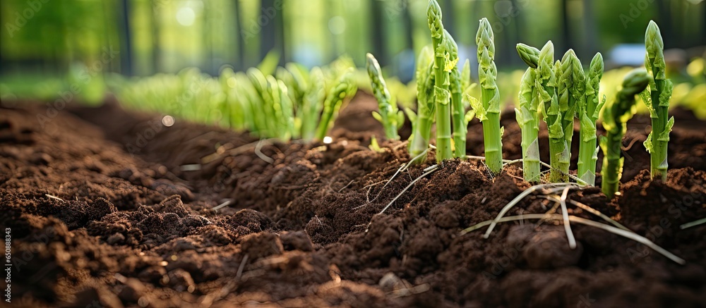 Growing asparagus in a home garden mulching soil with dry grass for a close up