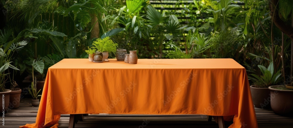 Orange tablecloth decorating wooden terrace with dining table in green garden