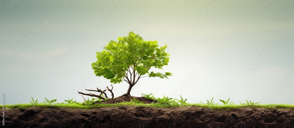 Emerging young sapling pushing out older tree as success start up metaphor for new leadership