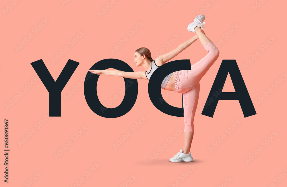 Sporty young woman and big word YOGA on pink background