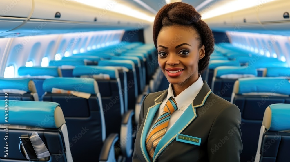 African American woman flight attendant, Female airline stewardess at Airplane.