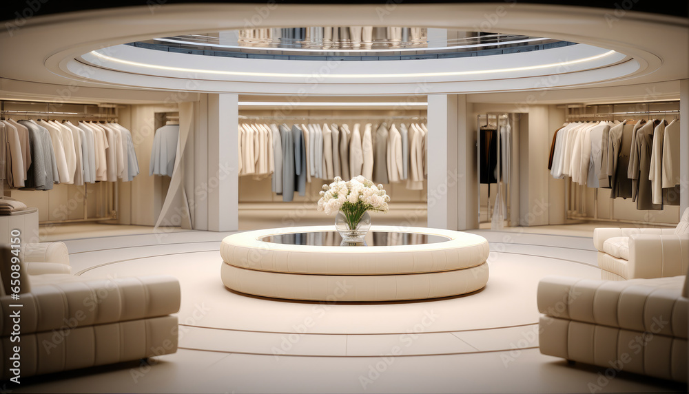 Luxury clothes fashion shop, Interior of clothing store with clothes and other accessories displaying in showcase.