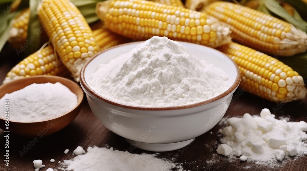 Corn starch in bowl with with ripe cobs and kernels on table.