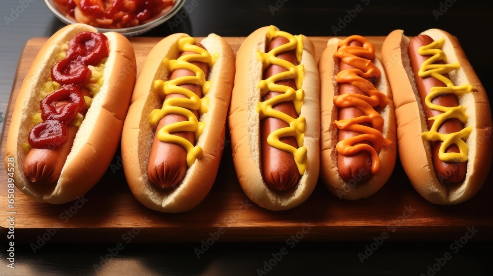 Sausage with Mustard and ketchup on wooden table.