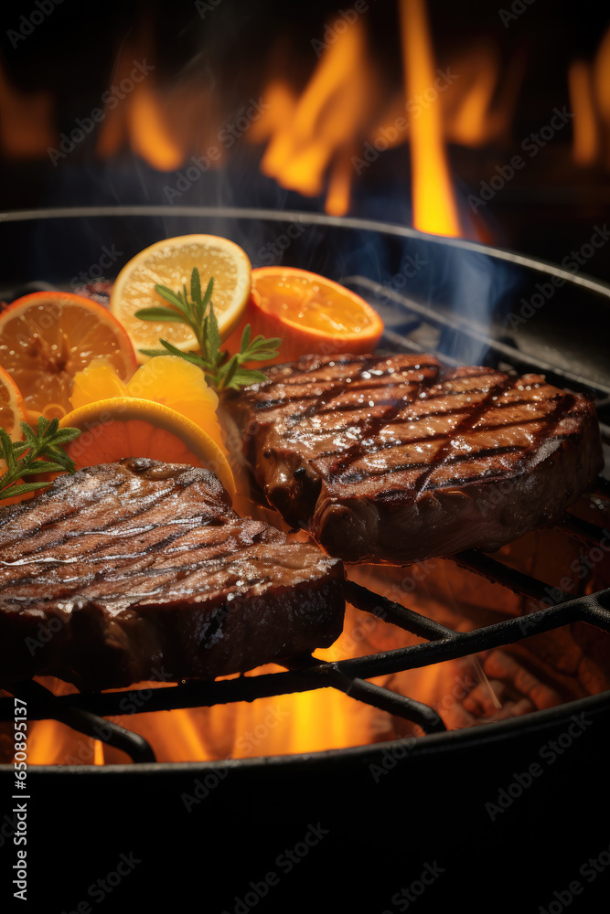 Grilled beef and oranges on the grill.