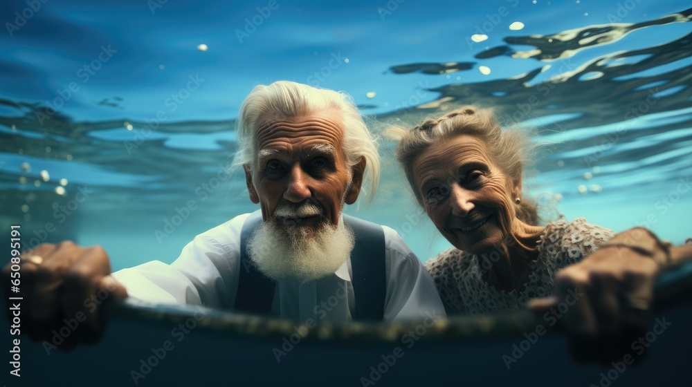 Happy old couple under water in the sea.