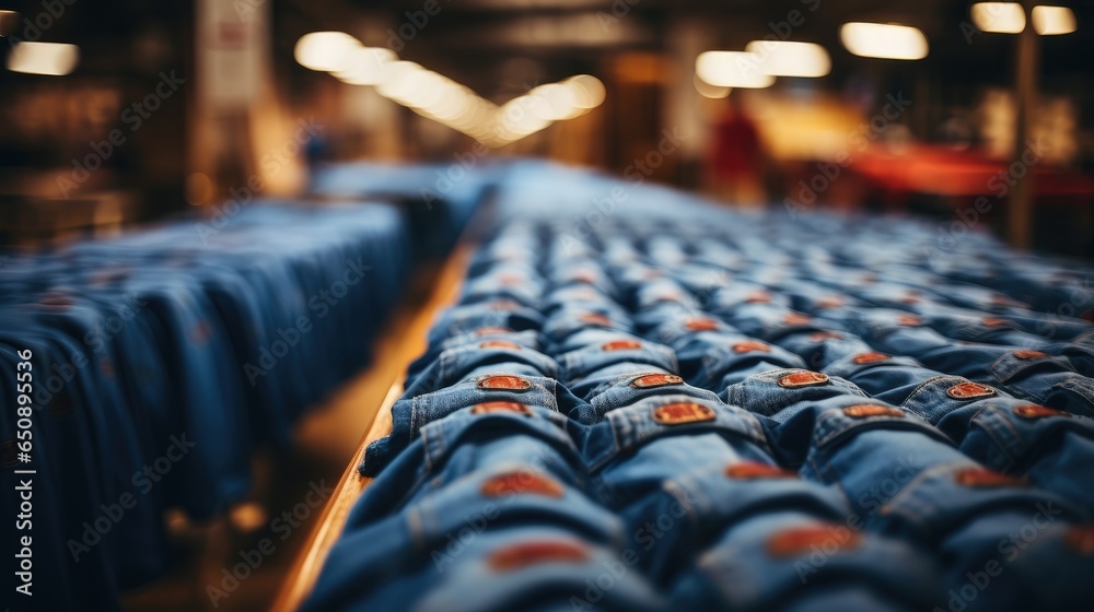 Jeans pants stacked in a jeans factory, Top view.