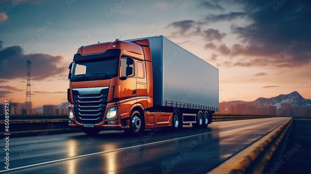 Truck on the highway, Delivery trucker, Logistics import export and cargo, Transportation industry.