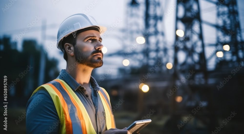 Electrician engineer checking substation power.