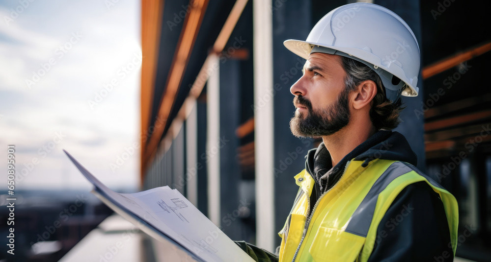 Young architect working on the construction site.