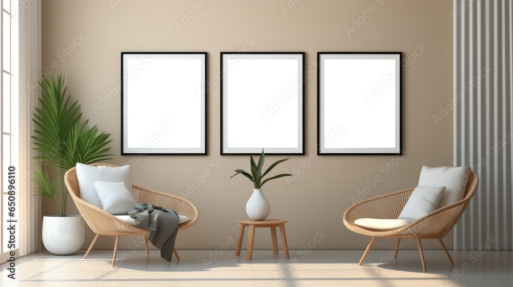 Vertical poster frame mockup in Minimal style living room interior, Modern living room interior background.