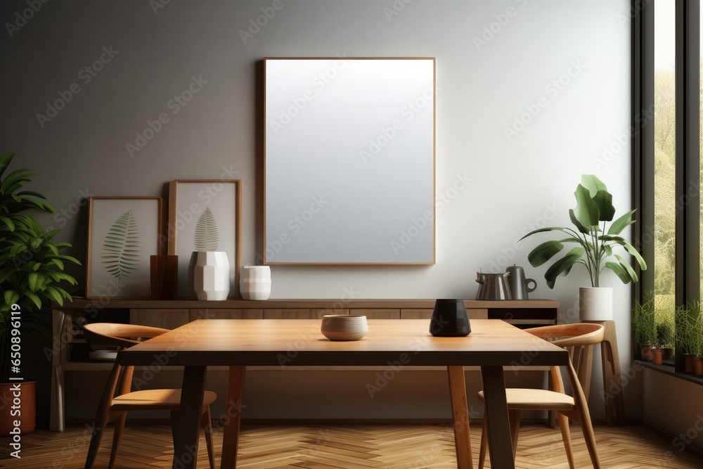 Mockup of a vertical blank and empty wall frame in a kitchen with modern furniture.