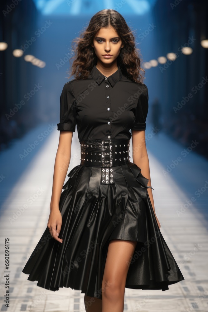 Model in a black top and skirt on the runway.