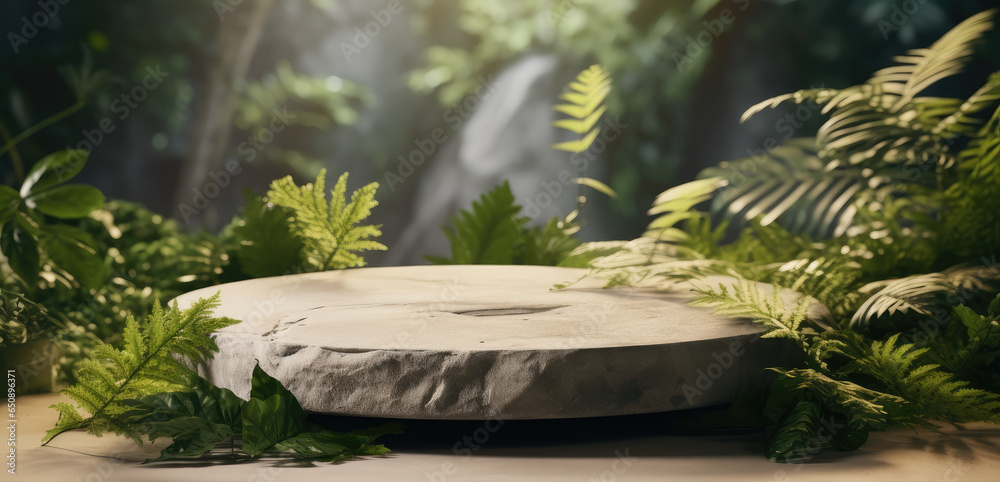 Natural stone and concrete podium in tropical forest, Empty showcase for packaging product presentation.