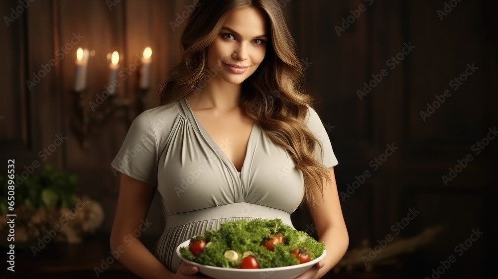 Pregnant woman eating healthy food at home.