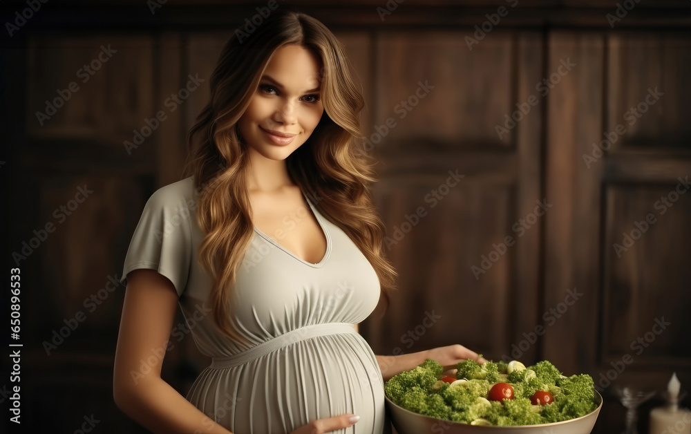 Pregnant woman eating healthy food at home.