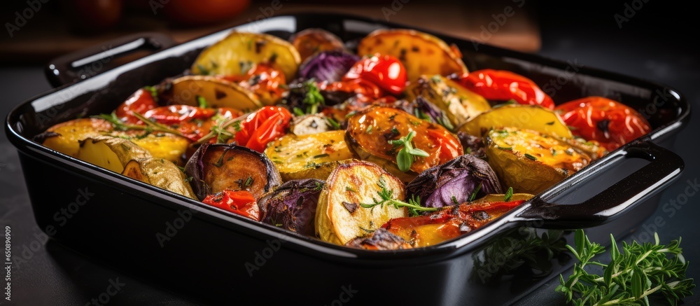 Seasonal vegan meal with rustic oven baked vegetables in a black dish on a gray stone background including potatoes tomatoes and peppers