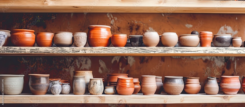 Potter s studio Shelves displaying handmade ceramic items Small business entrepreneurship hobby handmade concept