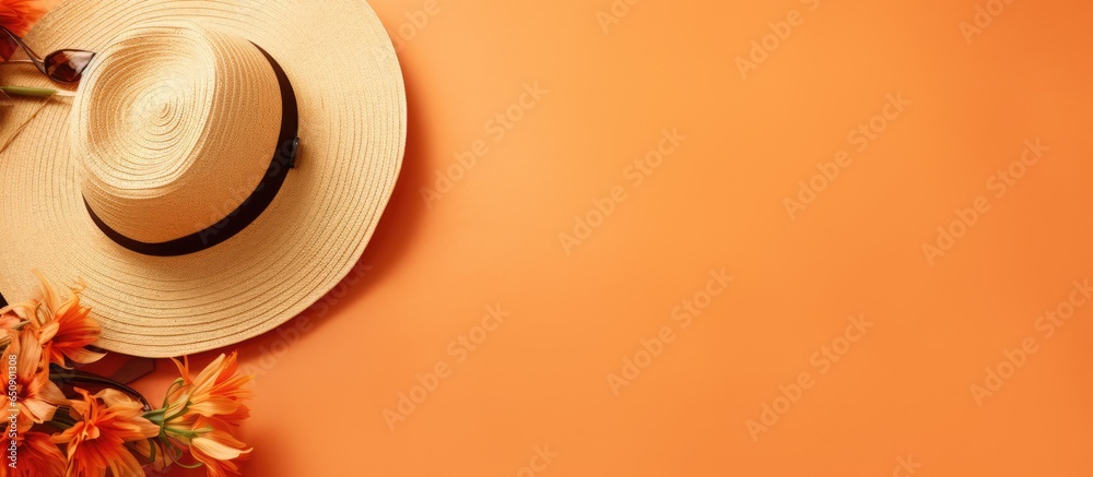 Orange background with bohemian fashion accessories for women including sunglasses leather sandals and a straw hat Luxurious French lifestyle blog