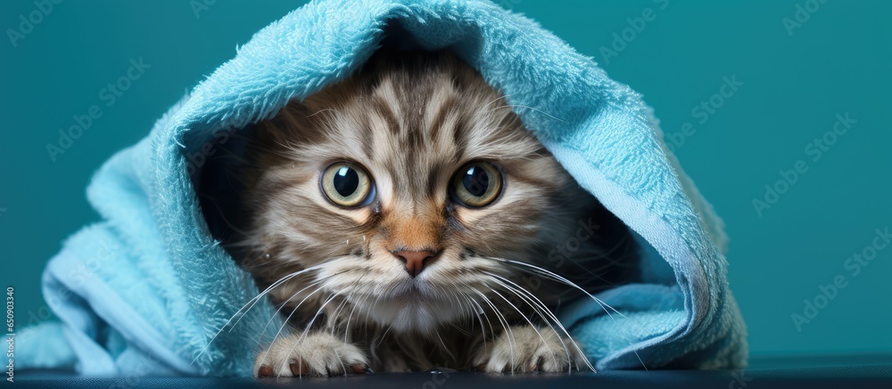 Towel wrapped wet cat on blue background