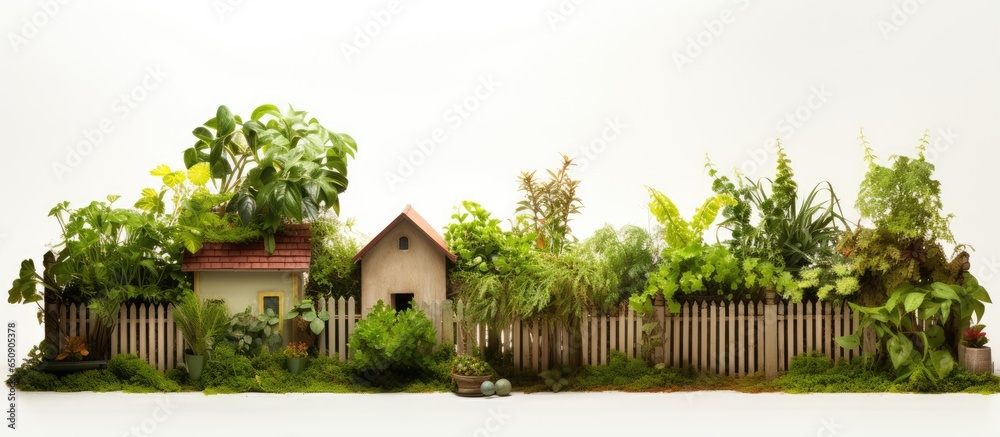 Small house with green garden space and side wall