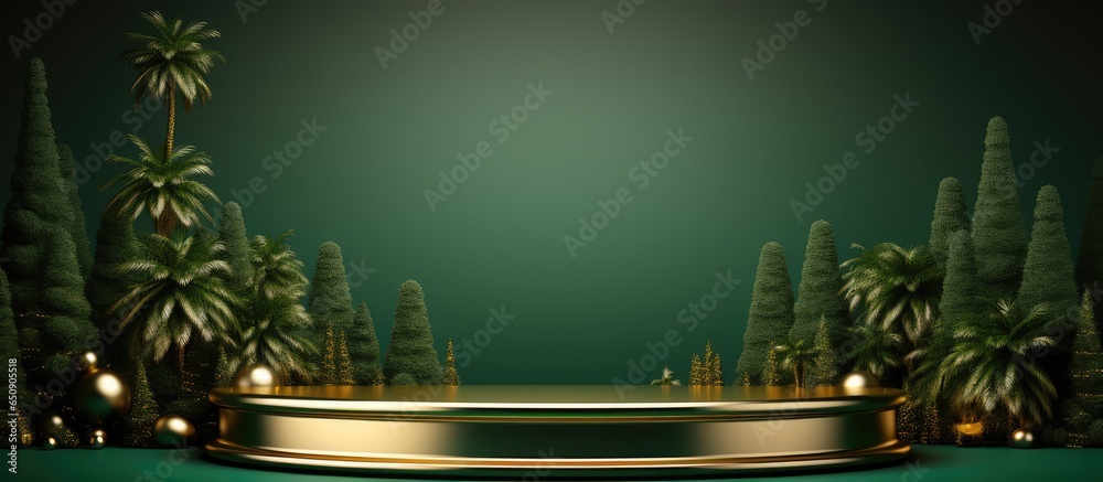 an abstract studio with a fancy gold trimmed podium and a green Christmas tree for displaying products and ads during Christmas and New Year