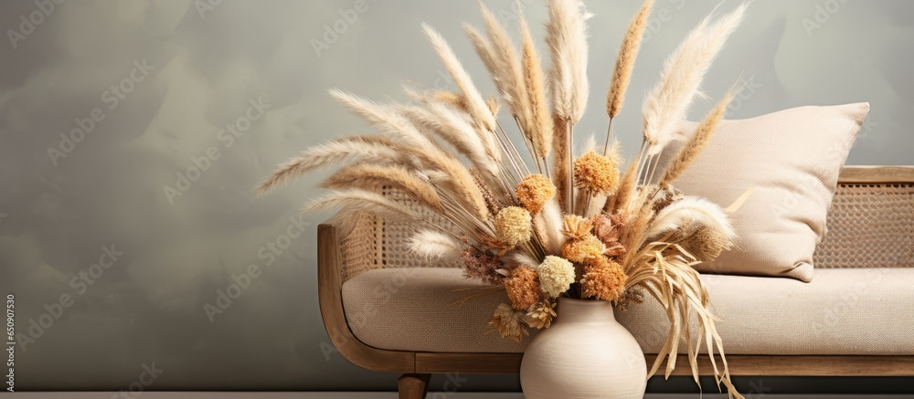 Boho inspired flowers arrangement in clay pot on bench with elegant rabbit tail grass