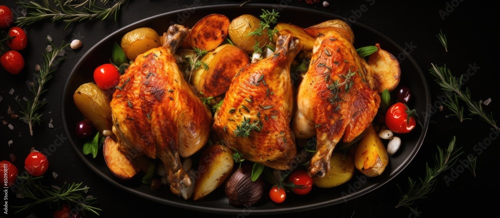 Top view of a festive dinner with roasted chicken and various vegetable dishes for Christmas or New Year