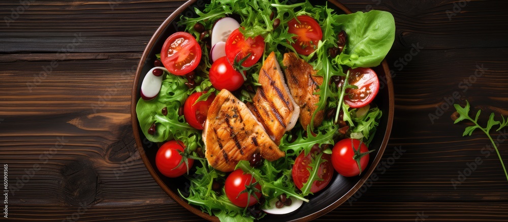 Healthy salad with chicken tomatoes and mixed greens on wooden background