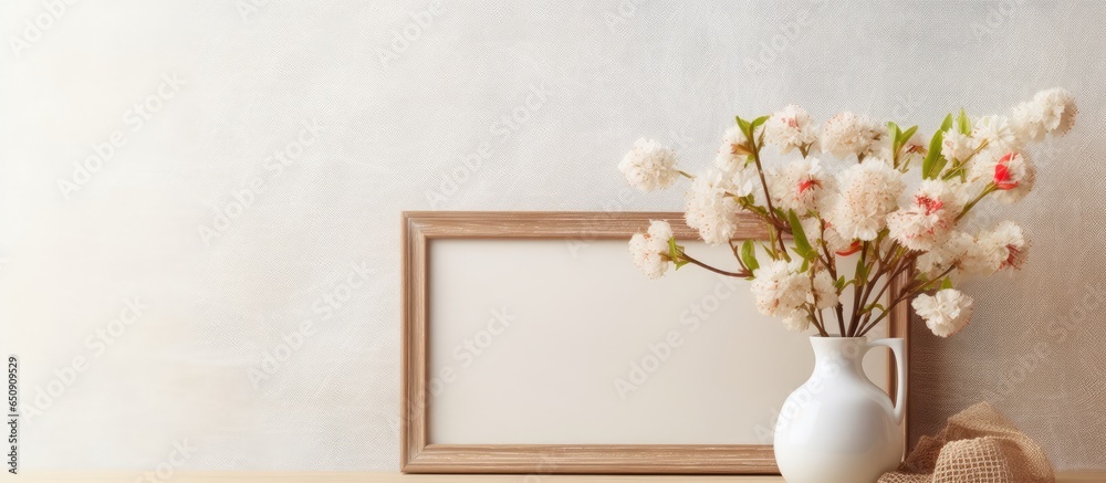 Flowers frame cloth on wooden table against beige background