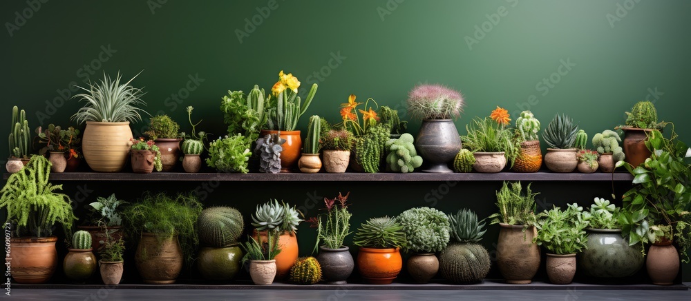 Home garden interior with a variety of plants in stylish pots green wall paneling and a home jungle concept