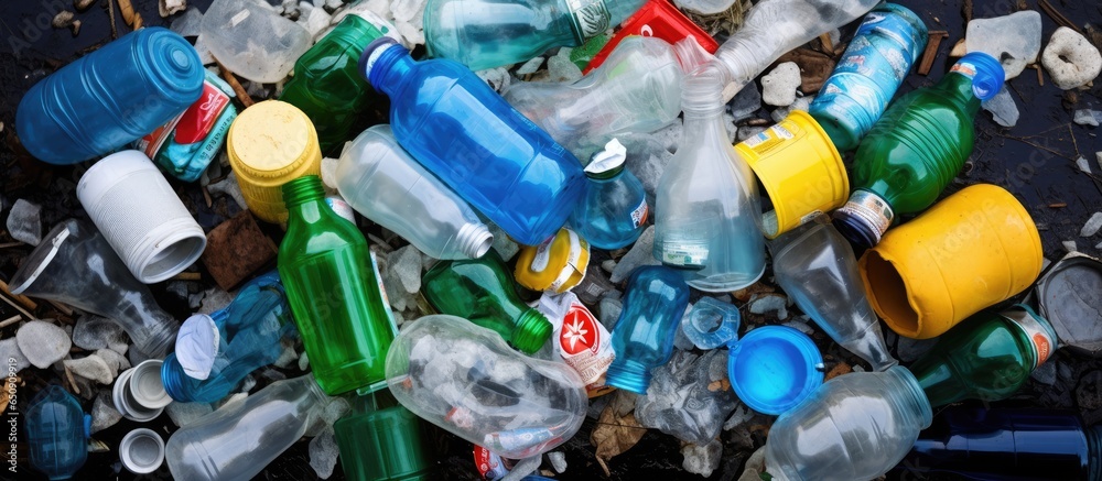 Sorting different types of waste materials into metal plastic paper and glass categories on a blank surface for recycling