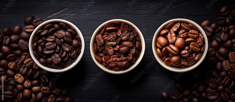 Different types of coffee beans photographed from above on a vintage background