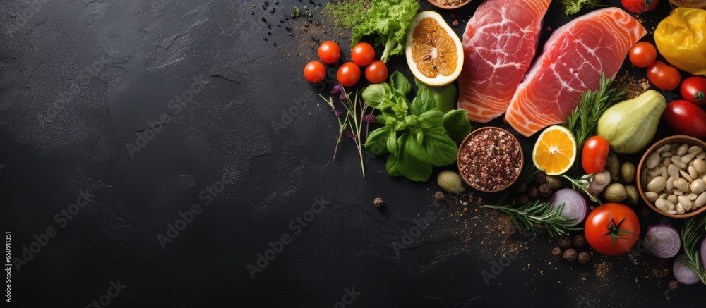 Stone table top view with organic ingredients for cooking a balanced and healthy diet