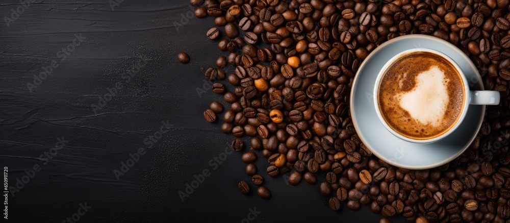 Black coffee with milk foam in white cup coffee beans in burlap bag on dark table