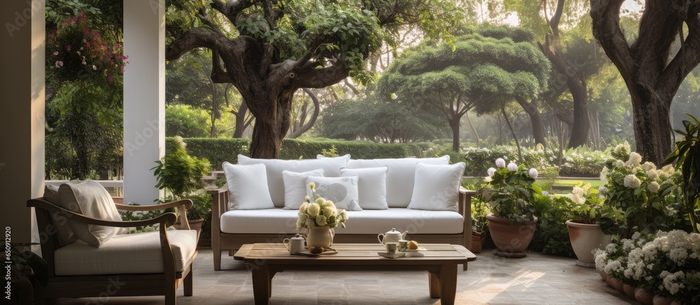 Cozy outdoor furniture in a charming garden patio