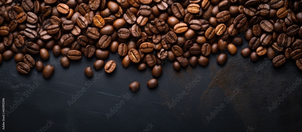 Coffee beans and ground coffee on gray background with blank space above view