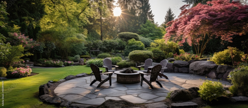 Stunning backyard garden and patio design on concrete floor in the Northwest region of the USA