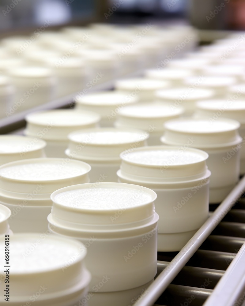 A closeup of a conveyor belt transporting rows of empty, white plastic jars, preparing them for the next stage of production. The jars are ready to be filled with various skincare creams