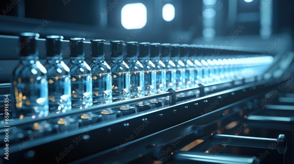 Closeup shot of an industrial conveyor belt showcasing the seamless movement of filled beverage bottles from one processing area to another, ensuring a smooth and efficient production flow.