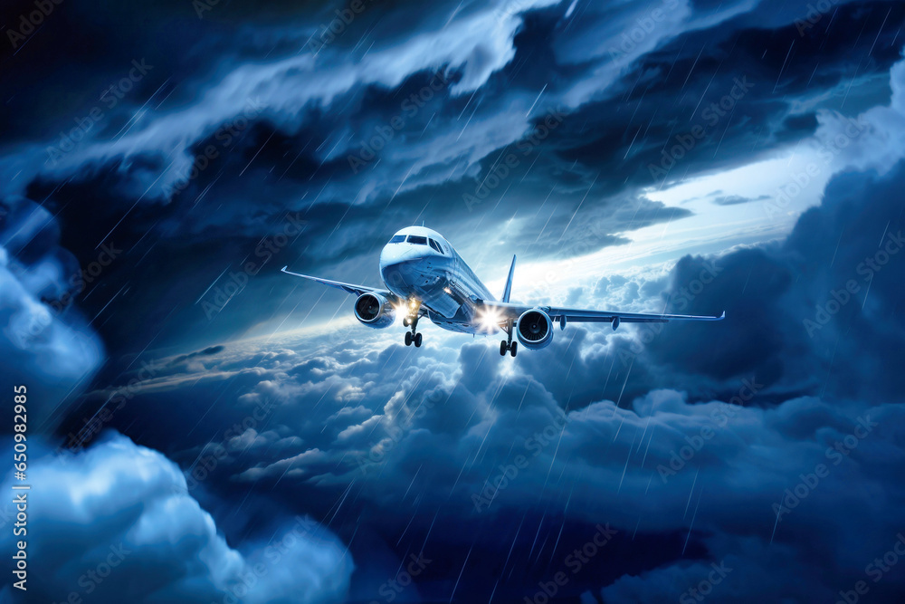 passenger jet plane flies through powerful cumulus clouds, night cloudy landscape