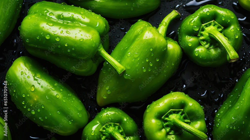 Fresh green bell peppers with water drops background. Vegetables backdrop. Generative AI