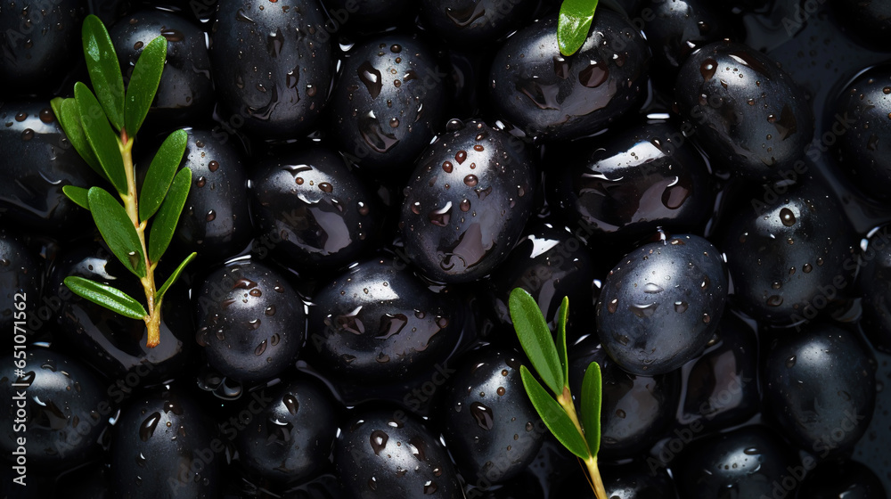 Black olives with leaves and water drops background. Vegetables backdrop. Generative AI