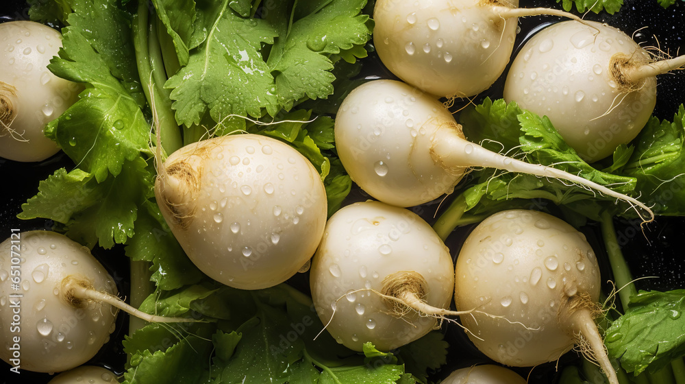 Fresh turnips with water drops background. Vegetables backdrop. Generative AI