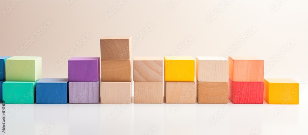 Rainbow colored wooden blocks arranged diagonally with depth on a white background