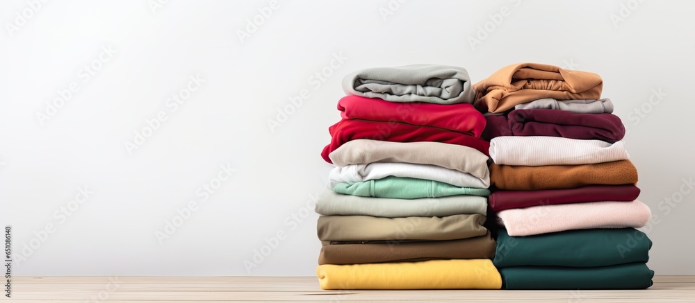 Clean women s clothes stacked neatly on wooden table with shirts and sweaters piled on top White wall background