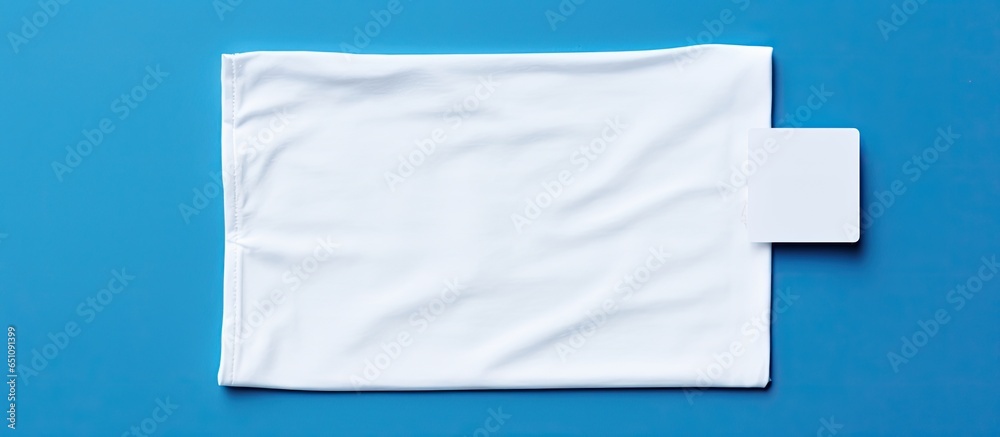 Blank label on blue fabric background