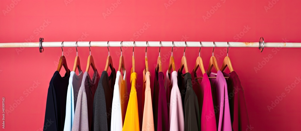 Colorful clothes on pink background with hangers